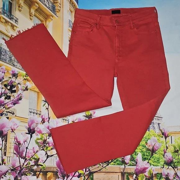 MOTHER Vibrant Hot Rod Red Insider Crop Step Fray Size 29 - Picture 1 of 8